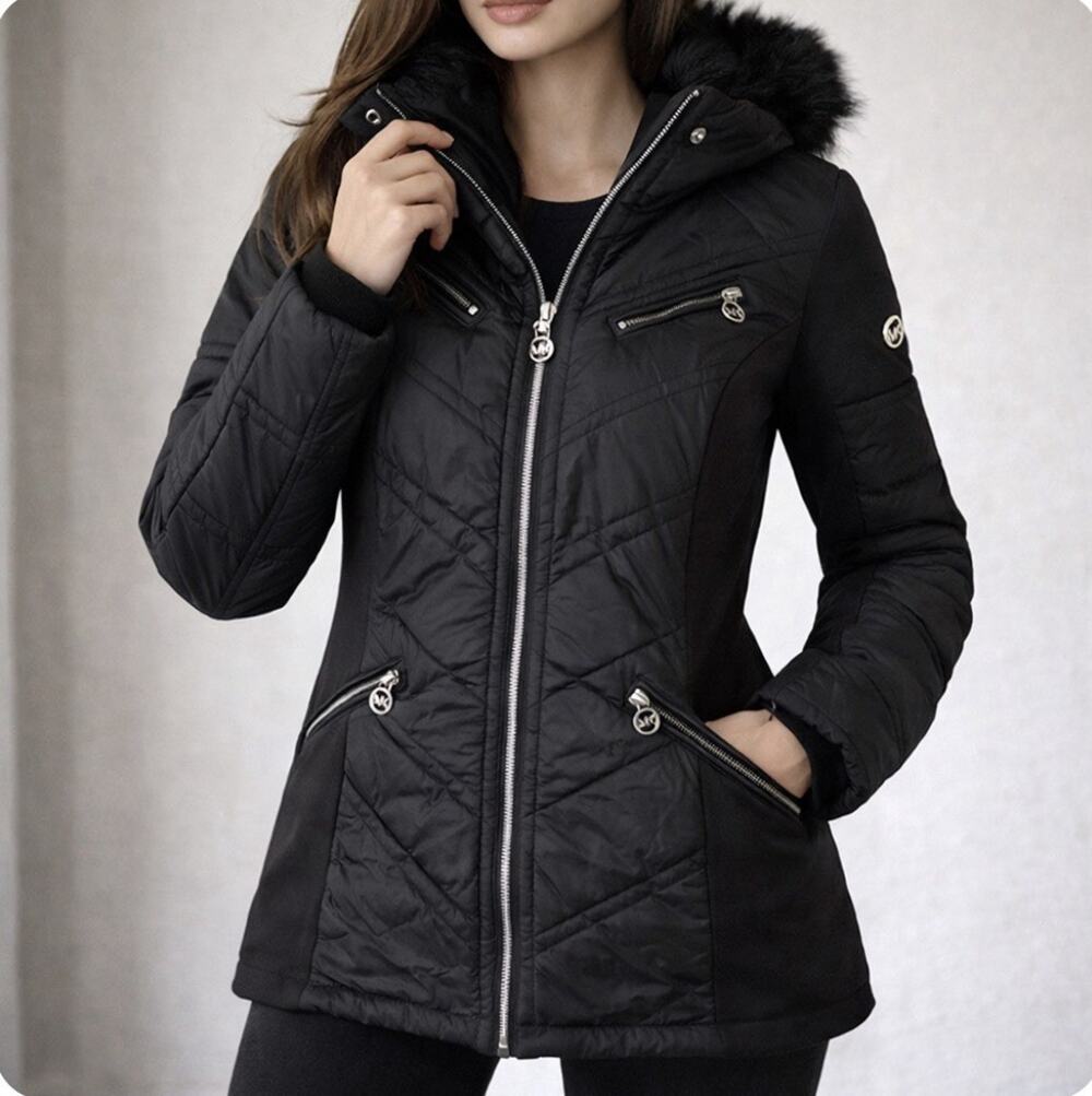 Michael Kors L Quilted Jacket Faux Fur Hood Black Zip Up Fitted Winter Coat Wmn